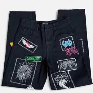 NWOT Dolls Kill Current Mood Black Patched Punk Distressed Hem Baggy Jeans XS